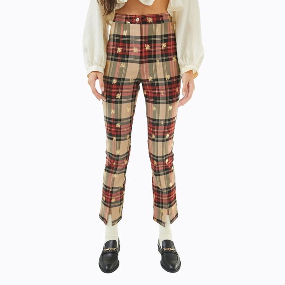 Urban Outfitters Tessa Plaid Tartan Notched Cropped Pants Gold Bee Accents Size2 - Picture 10 of 10